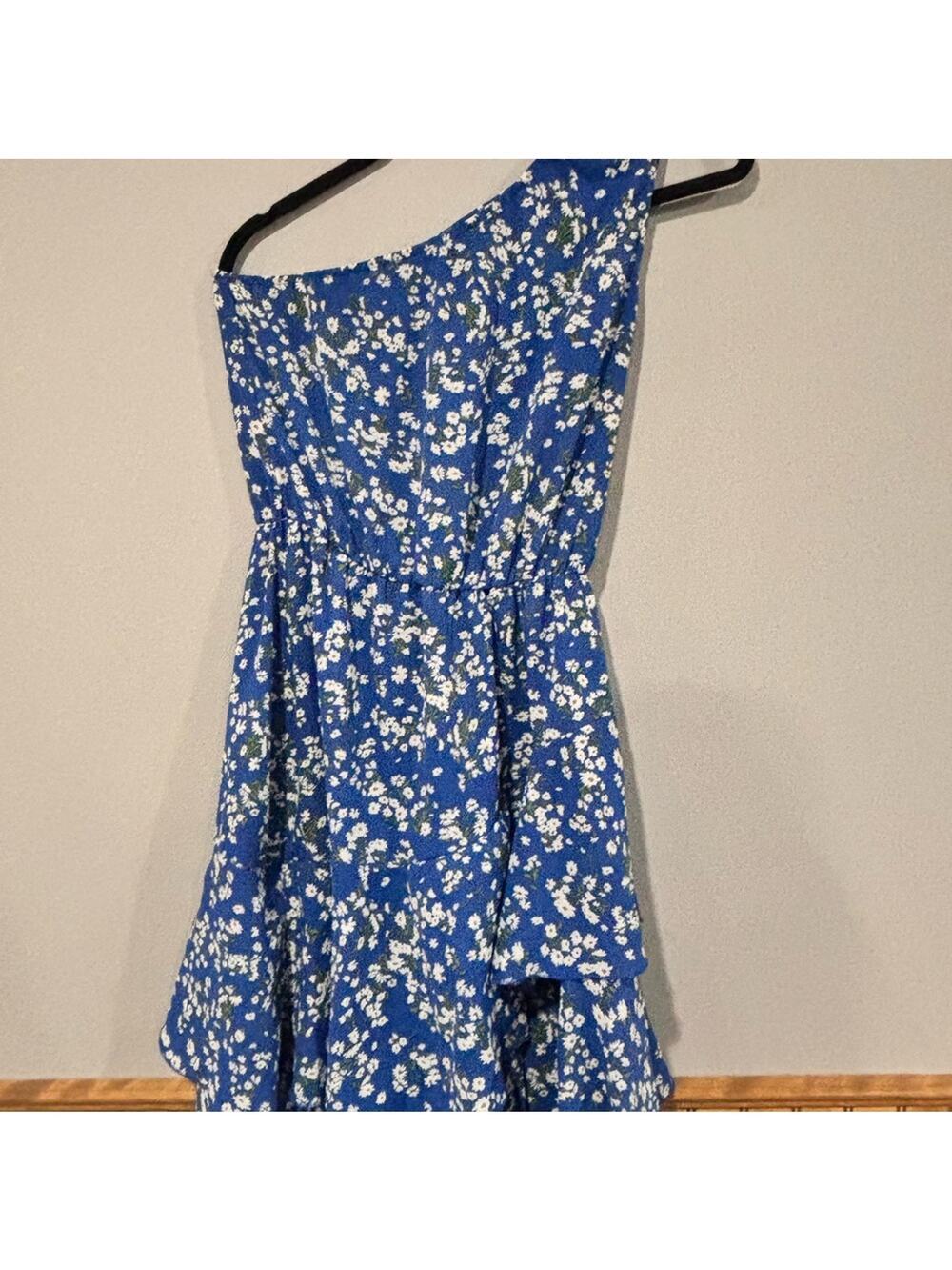 Royal Blue Floral One-Shoulder Ruffle Layered Dress - Small - Pretty Garden